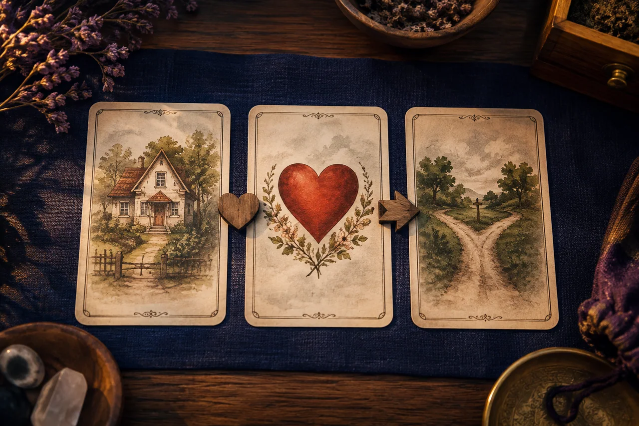 Các lá Lenormand biểu tượng Ngôi Nhà, Trái Tim và Ngã Rẽ tạo thành một câu hình ảnh