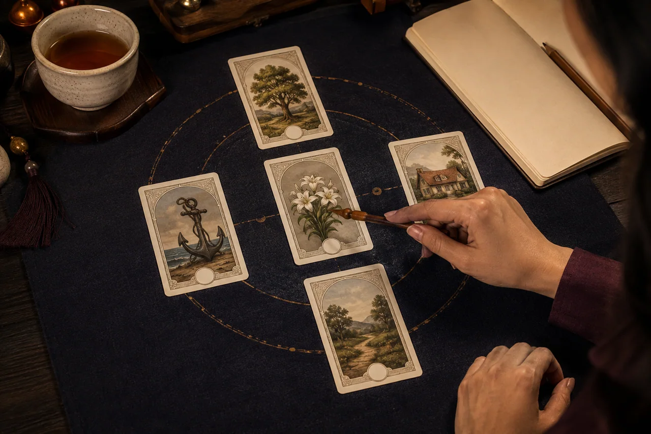 Người đọc quan sát các cặp lá và mạch liên kết trong trải bài Lenormand