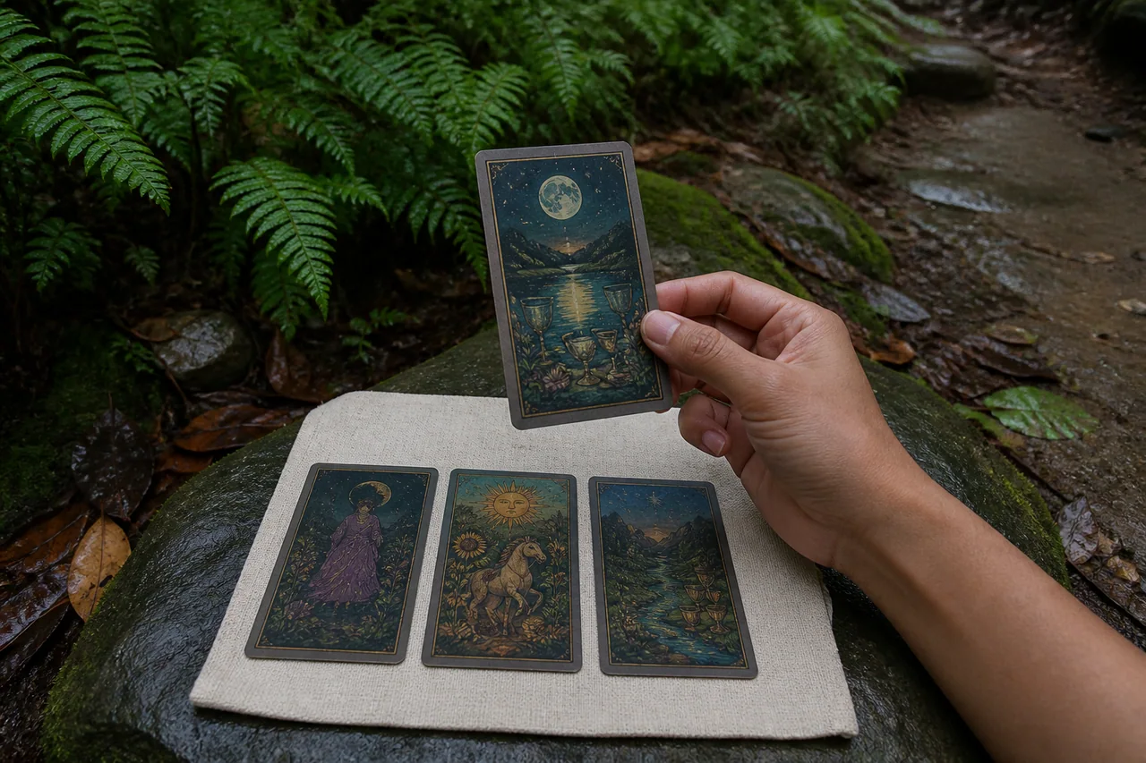 Những lá bài Tarot có hình minh họa được quan sát trên phiến đá cạnh dương xỉ ngoài thiên nhiên