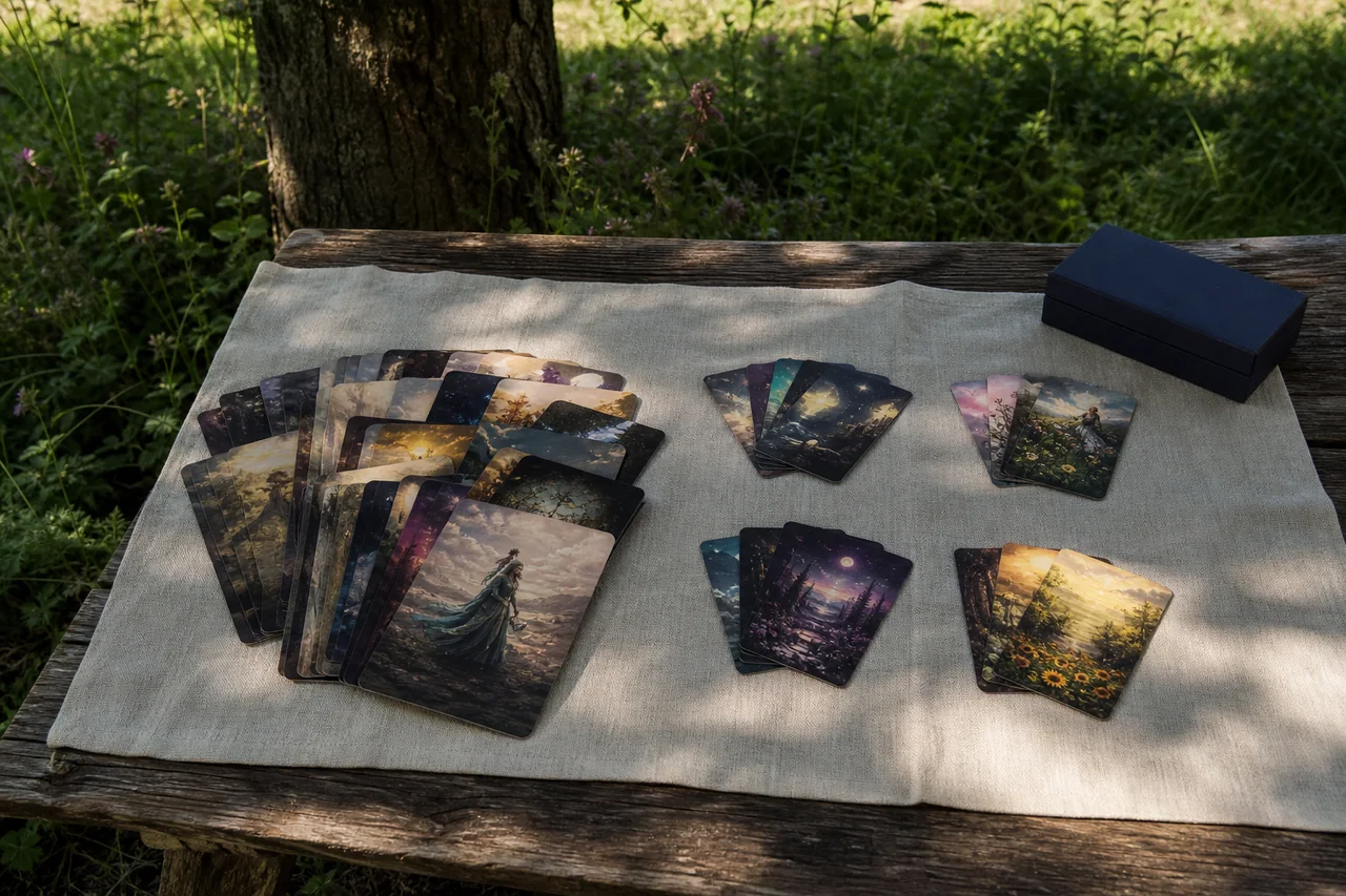 Các nhóm bài Tarot được sắp thành cụm rõ ràng trên bàn gỗ ngoài vườn để minh họa cấu trúc bộ bài