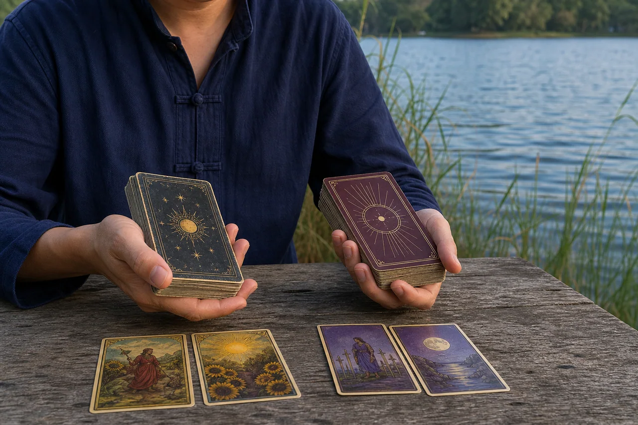 Người mới so sánh hai bộ bài Tarot tại bàn gỗ ven hồ trong ánh sáng chiều tự nhiên