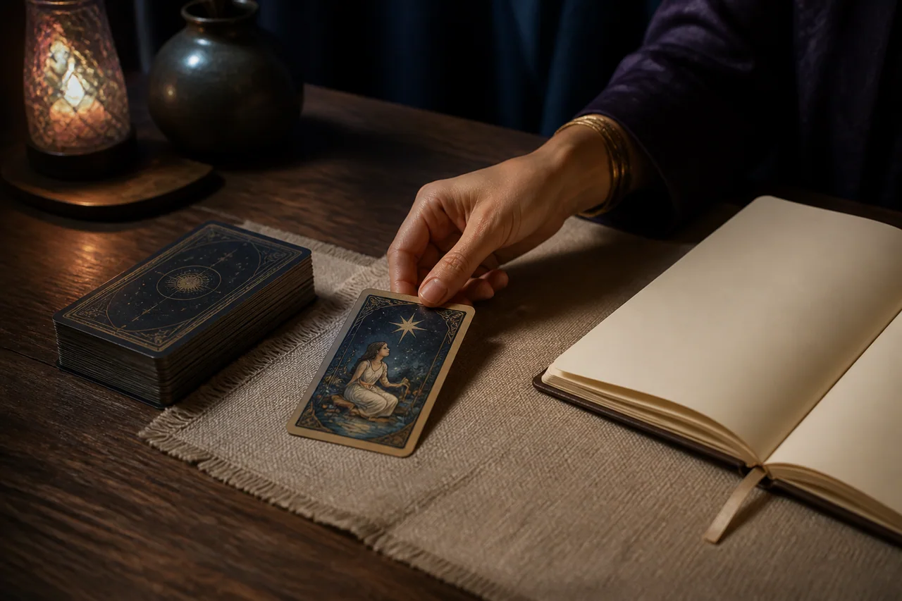 Một lá Tarot được rút khỏi bộ bài và đặt cạnh cuốn sổ trống để bắt đầu soi chiếu câu hỏi
