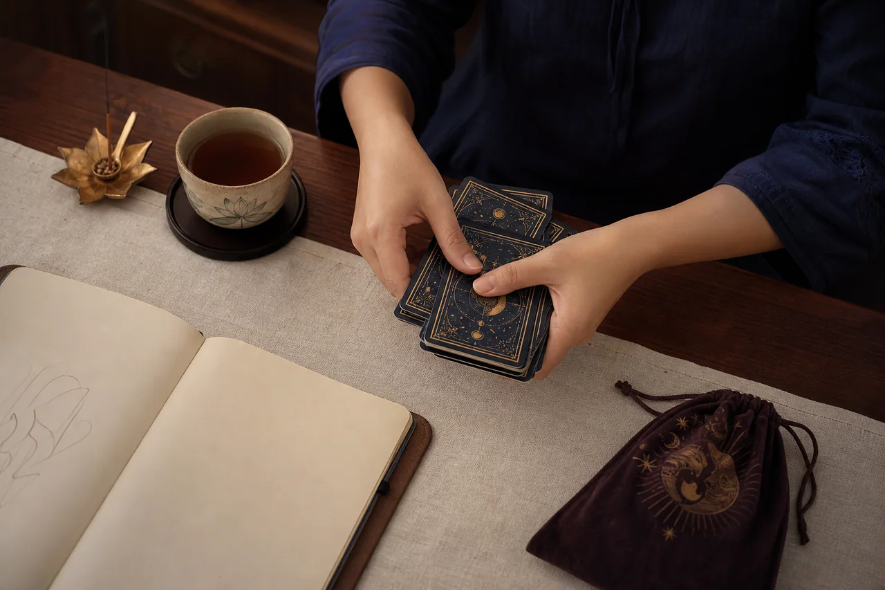 Người mới xào bài Tarot chậm rãi bên cạnh câu hỏi đã ghi trong sổ tay