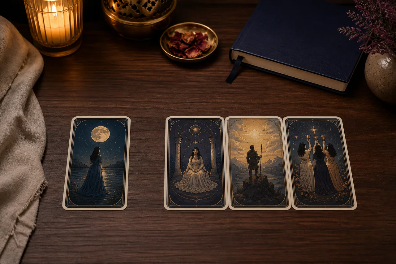 Một lá Tarot riêng và ba lá Tarot theo hàng minh họa hai cách trải bài đơn giản cho người mới