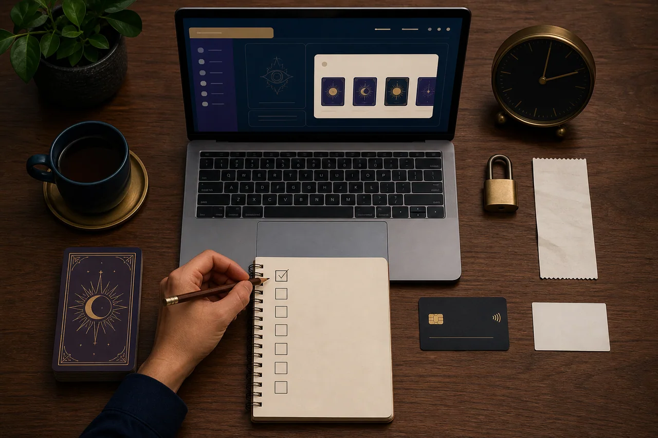 Bộ công cụ kiểm tra website Tarot gồm laptop, ổ khóa, hóa đơn, đồng hồ và danh sách đánh dấu