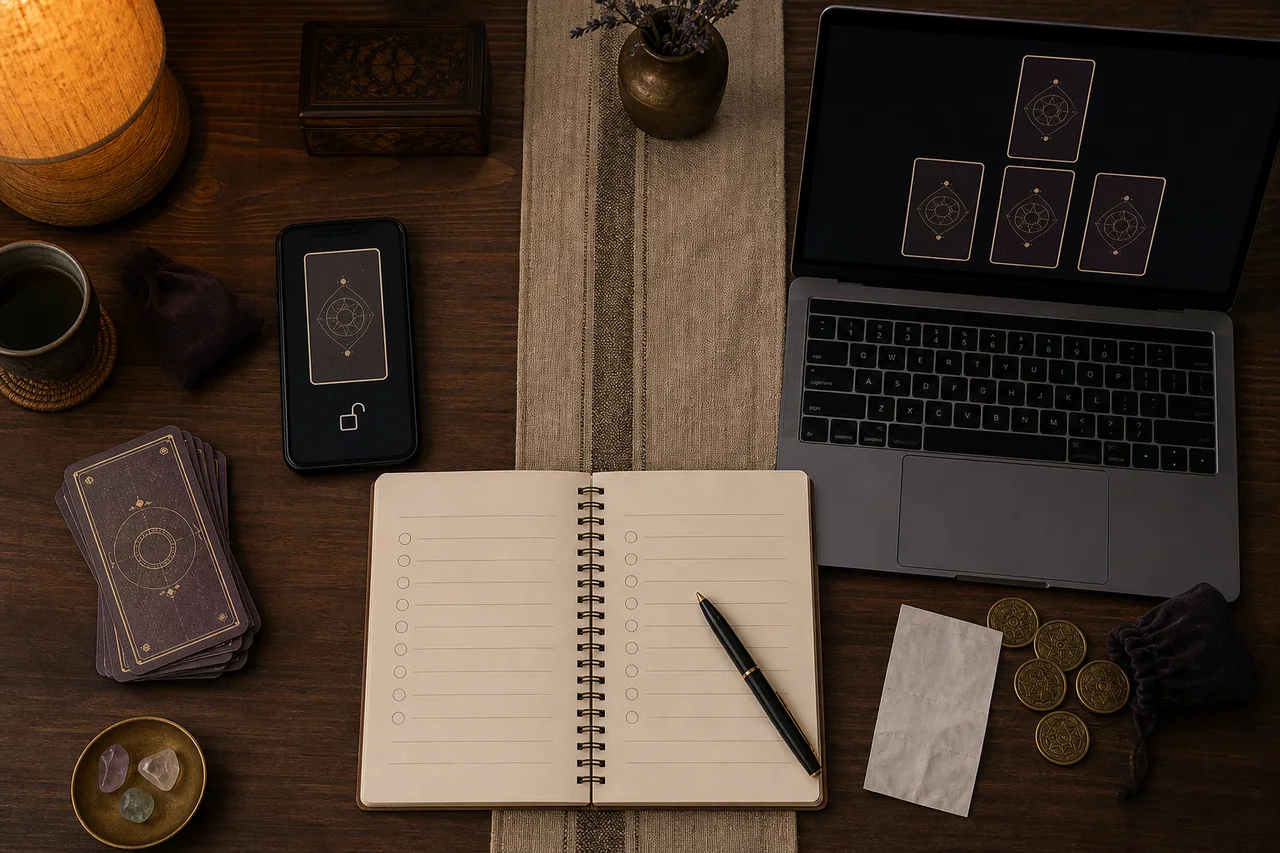 Hai cách trải nghiệm Tarot online miễn phí và trả phí được so sánh trên bàn làm việc