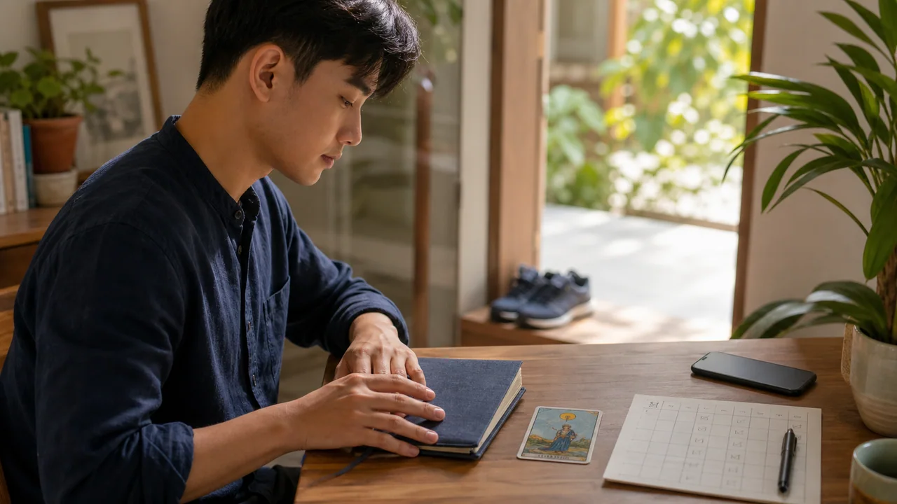 Người trẻ khép sổ Tarot để bắt đầu hành động đã lên kế hoạch