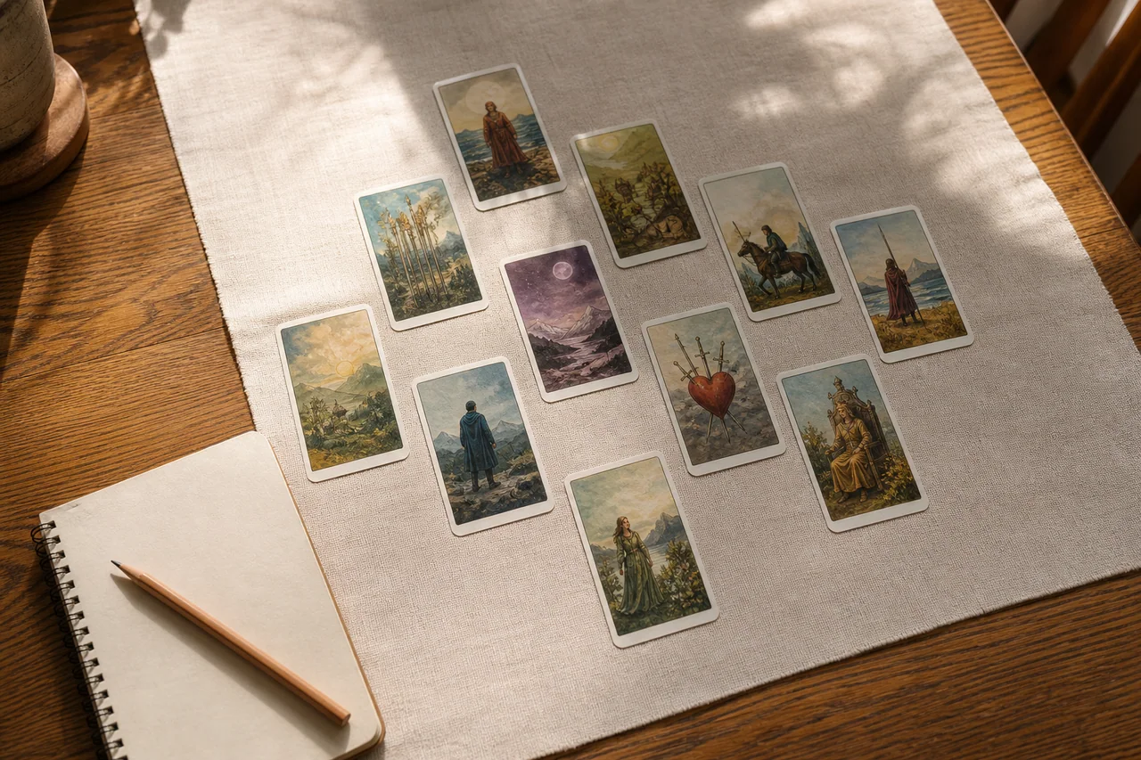 Các lá bài Tarot được sắp thành vòng quan sát bên cạnh sổ ghi chép trong căn phòng sáng ấm
