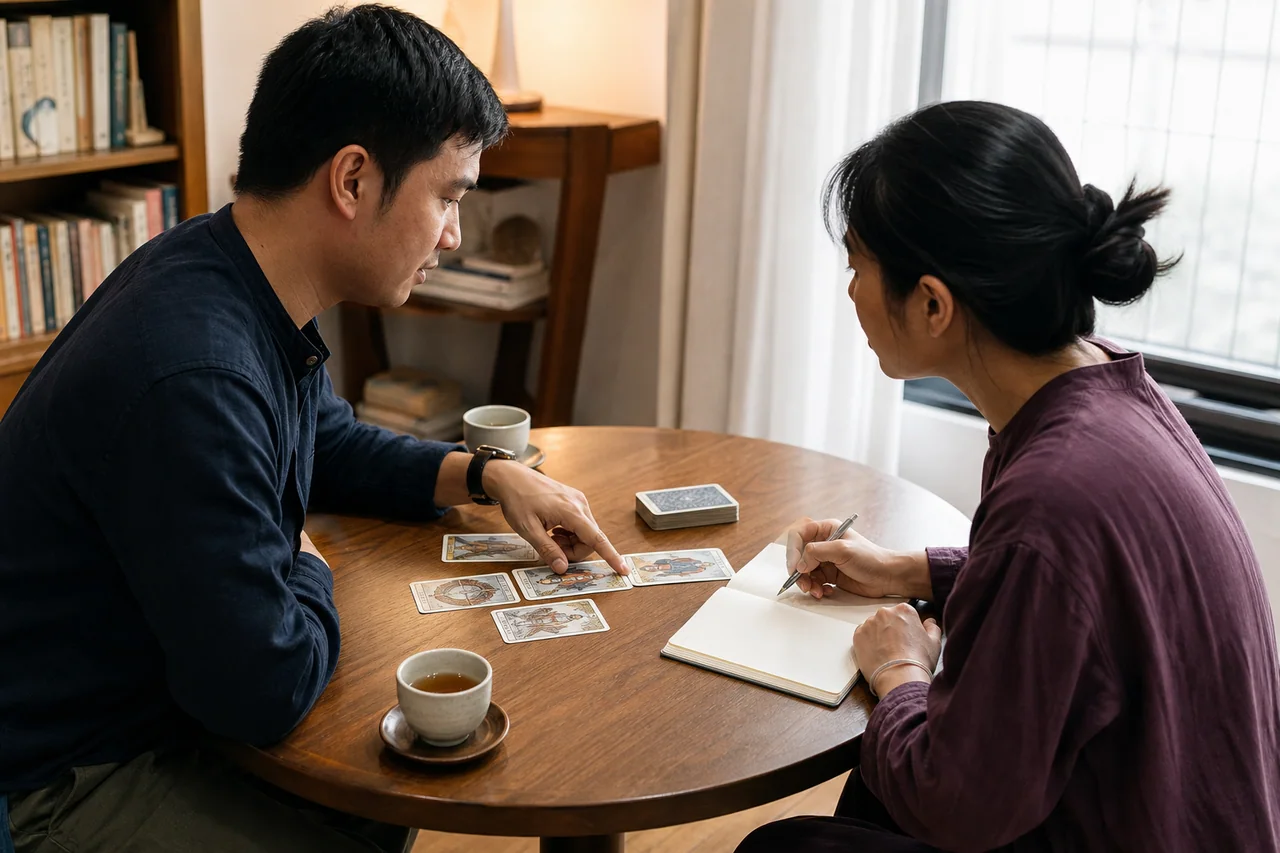 Hai người trò chuyện bình tĩnh bên bộ bài Tarot và sổ ghi chép, nhấn mạnh cách tiếp cận tỉnh táo