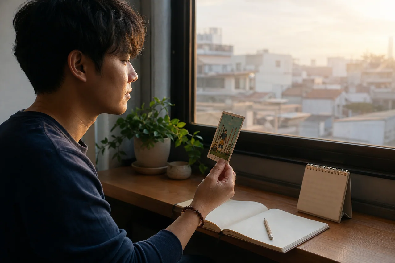 Người đọc đối chiếu hình ảnh lá bài Tarot với ghi chú đời sống trong khoảnh khắc tự soi chiếu bình tĩnh