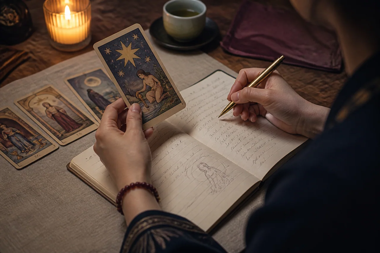 Người đọc Tarot đối chiếu biểu tượng trên lá bài với ghi chú về hoàn cảnh cá nhân