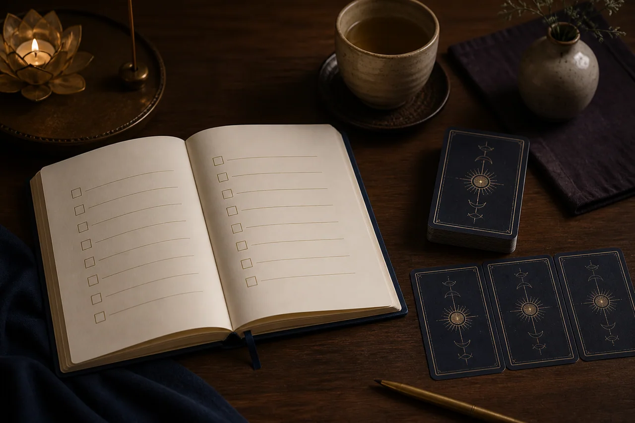 Sổ tay, bút và các lá bài Tarot được sắp xếp như một danh sách kiểm tra sau trải bài