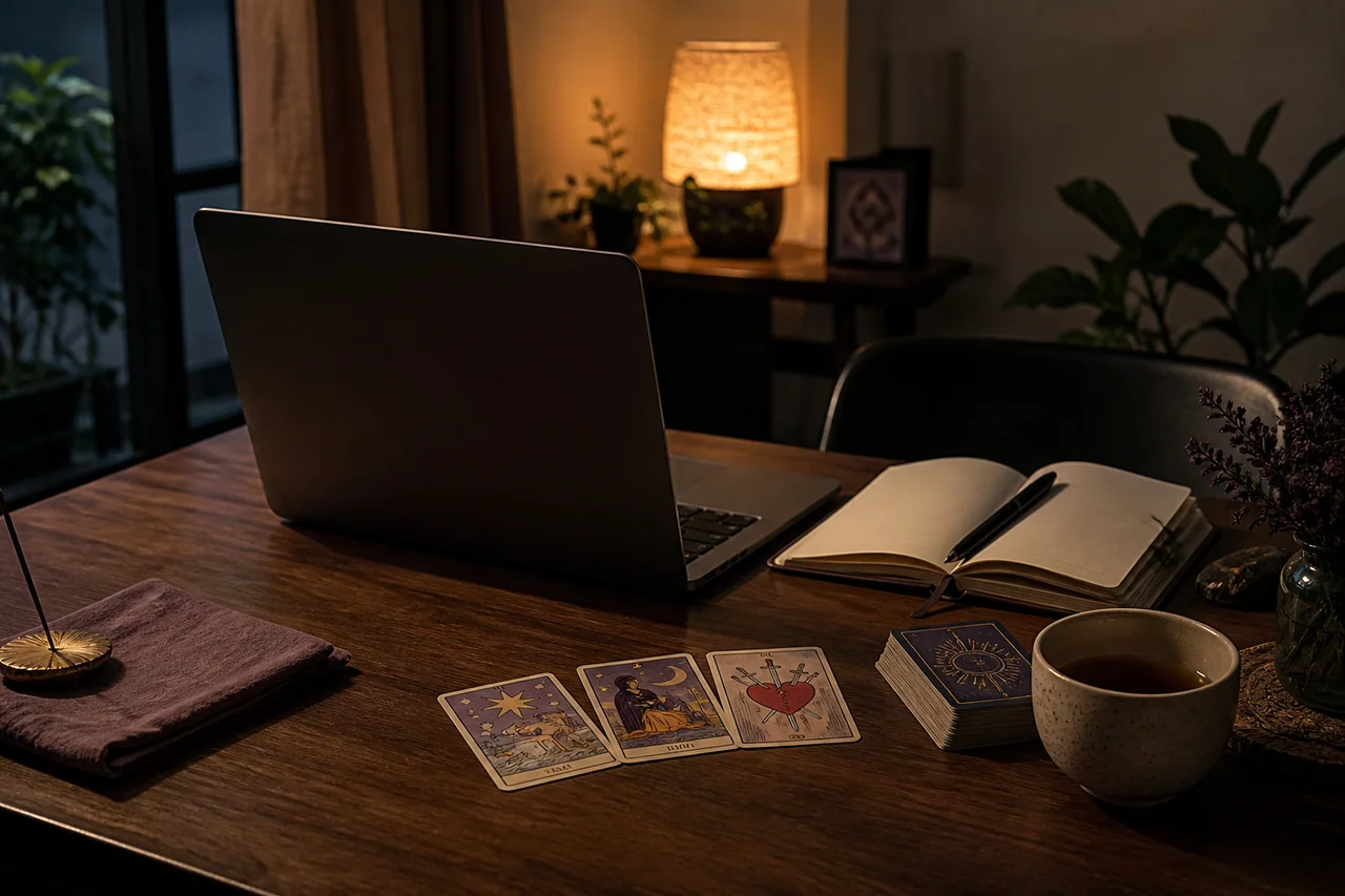 Không gian xem Tarot online tối giản với laptop, bộ bài và sổ ghi chép dưới ánh đèn ấm